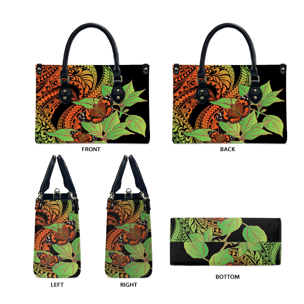 Kamehameha Butterfly Hawaii Leather Bag Hawaiian Pulelehua Mamaki Orange Green Color