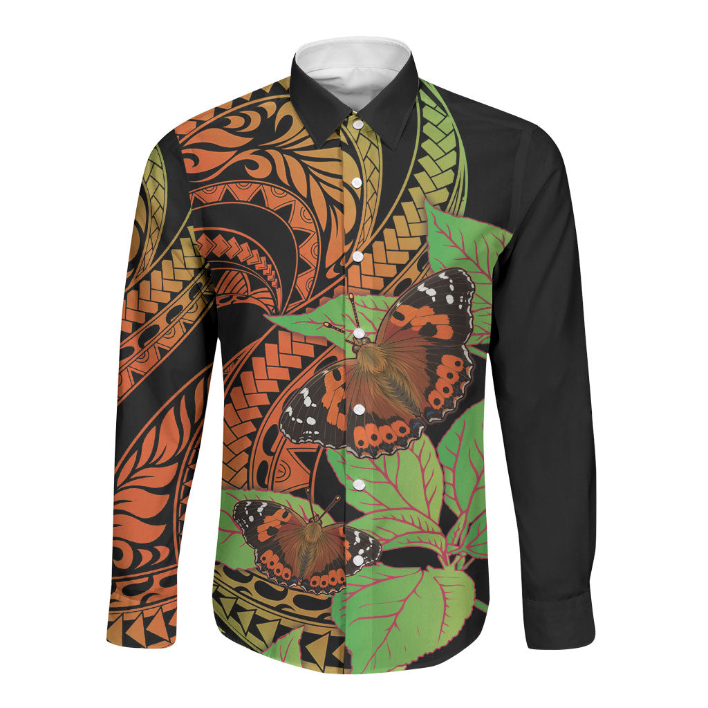 Kamehameha Butterfly Hawaii Long Sleeve Button Shirt Hawaiian Pulelehua Mamaki Orange Green Color
