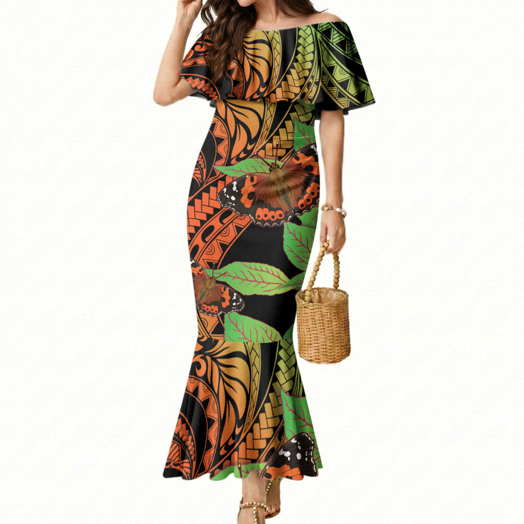 Kamehameha Butterfly Hawaii Mermaid Dress Hawaiian Pulelehua Mamaki Orange Green Color