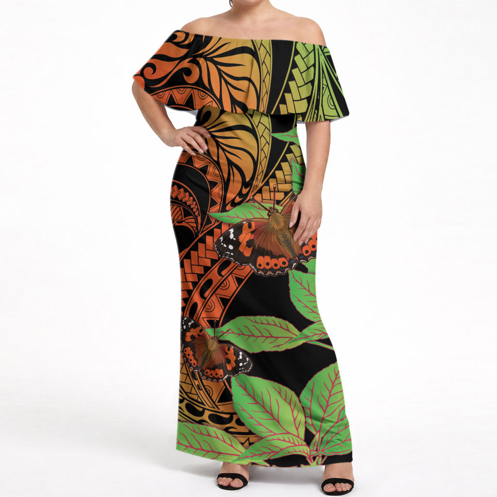 Kamehameha Butterfly Hawaii Off Shoulder Maxi Dress Hawaiian Pulelehua Mamaki Orange Green Color