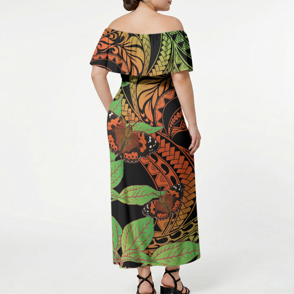 Kamehameha Butterfly Hawaii Off Shoulder Maxi Dress Hawaiian Pulelehua Mamaki Orange Green Color