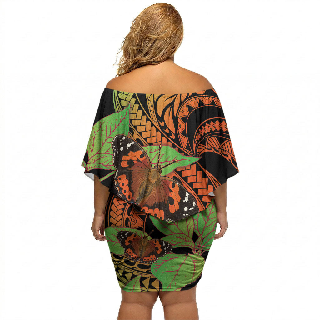Kamehameha Butterfly Hawaii Off Shoulder Short Dress Hawaiian Pulelehua Mamaki Orange Green Color