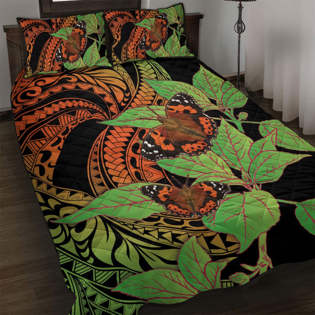 Kamehameha Butterfly Hawaii Quilt Bed Set Hawaiian Pulelehua Mamaki Orange Green Color