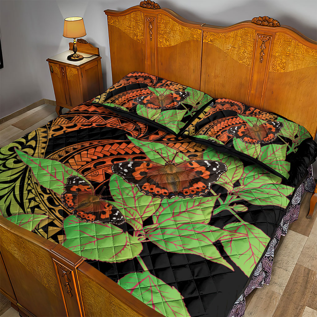 Kamehameha Butterfly Hawaii Quilt Bed Set Hawaiian Pulelehua Mamaki Orange Green Color