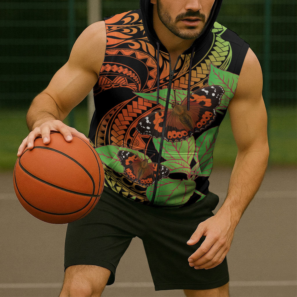 Kamehameha Butterfly Hawaii Sleeveless Zip Hoodie Hawaiian Pulelehua Mamaki Orange Green Color