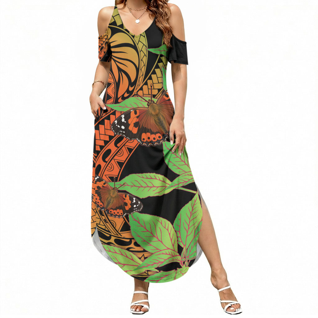 Kamehameha Butterfly Hawaii Summer Maxi Dress Hawaiian Pulelehua Mamaki Orange Green Color