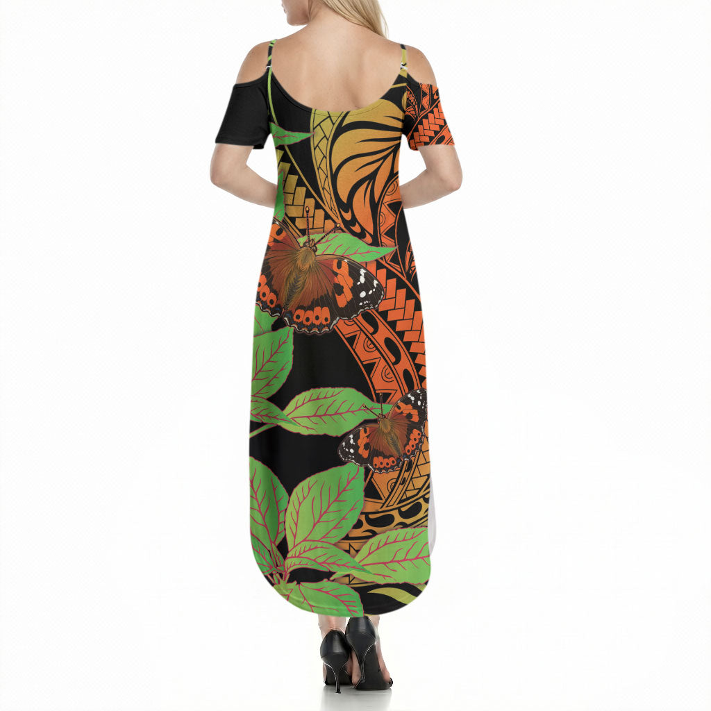 Kamehameha Butterfly Hawaii Summer Maxi Dress Hawaiian Pulelehua Mamaki Orange Green Color