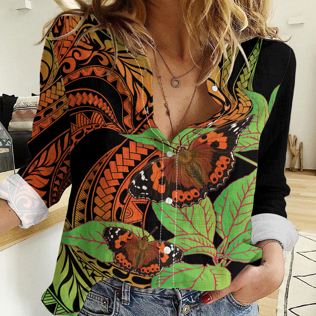 Kamehameha Butterfly Hawaii Women Casual Shirt Hawaiian Pulelehua Mamaki Orange Green Color