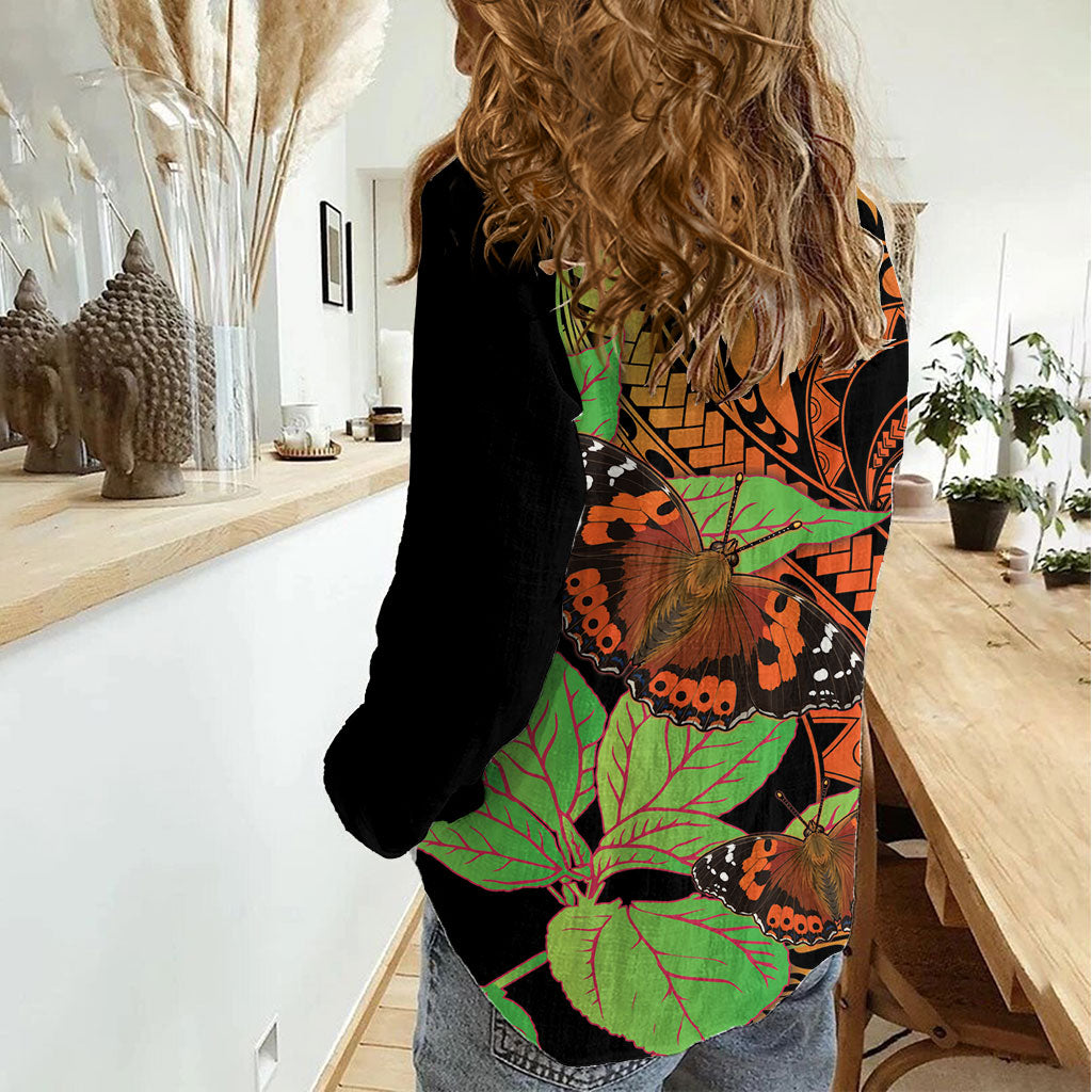 Kamehameha Butterfly Hawaii Women Casual Shirt Hawaiian Pulelehua Mamaki Orange Green Color