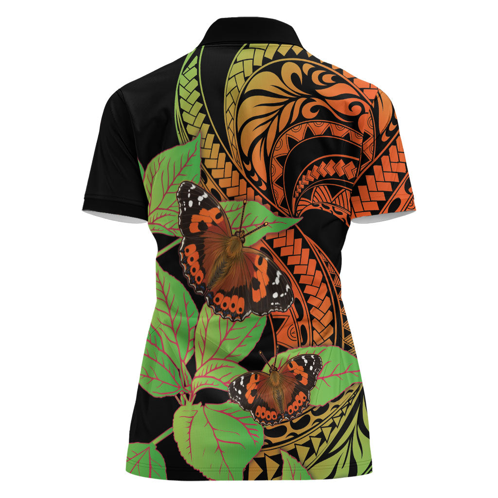 Kamehameha Butterfly Hawaii Women Polo Shirt Hawaiian Pulelehua Mamaki Orange Green Color