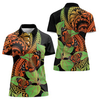 Kamehameha Butterfly Hawaii Women Polo Shirt Hawaiian Pulelehua Mamaki Orange Green Color