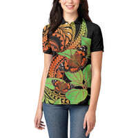 Kamehameha Butterfly Hawaii Women Polo Shirt Hawaiian Pulelehua Mamaki Orange Green Color