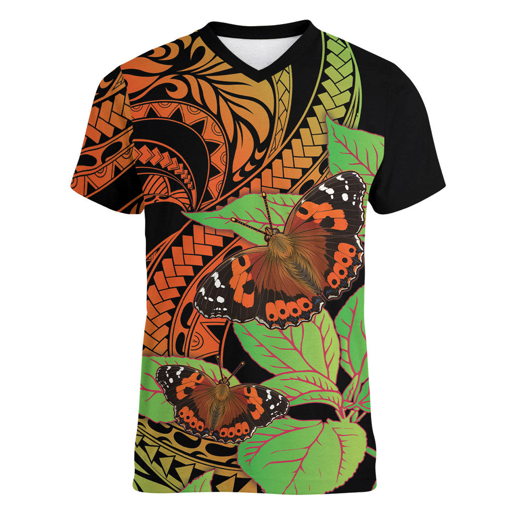 Kamehameha Butterfly Hawaii Women V-Neck T-Shirt Hawaiian Pulelehua Mamaki Orange Green Color