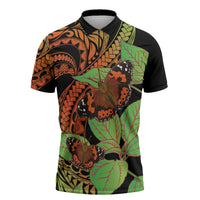 Kamehameha Butterfly Hawaii Zipper Polo Shirt Hawaiian Pulelehua Mamaki Orange Green Color