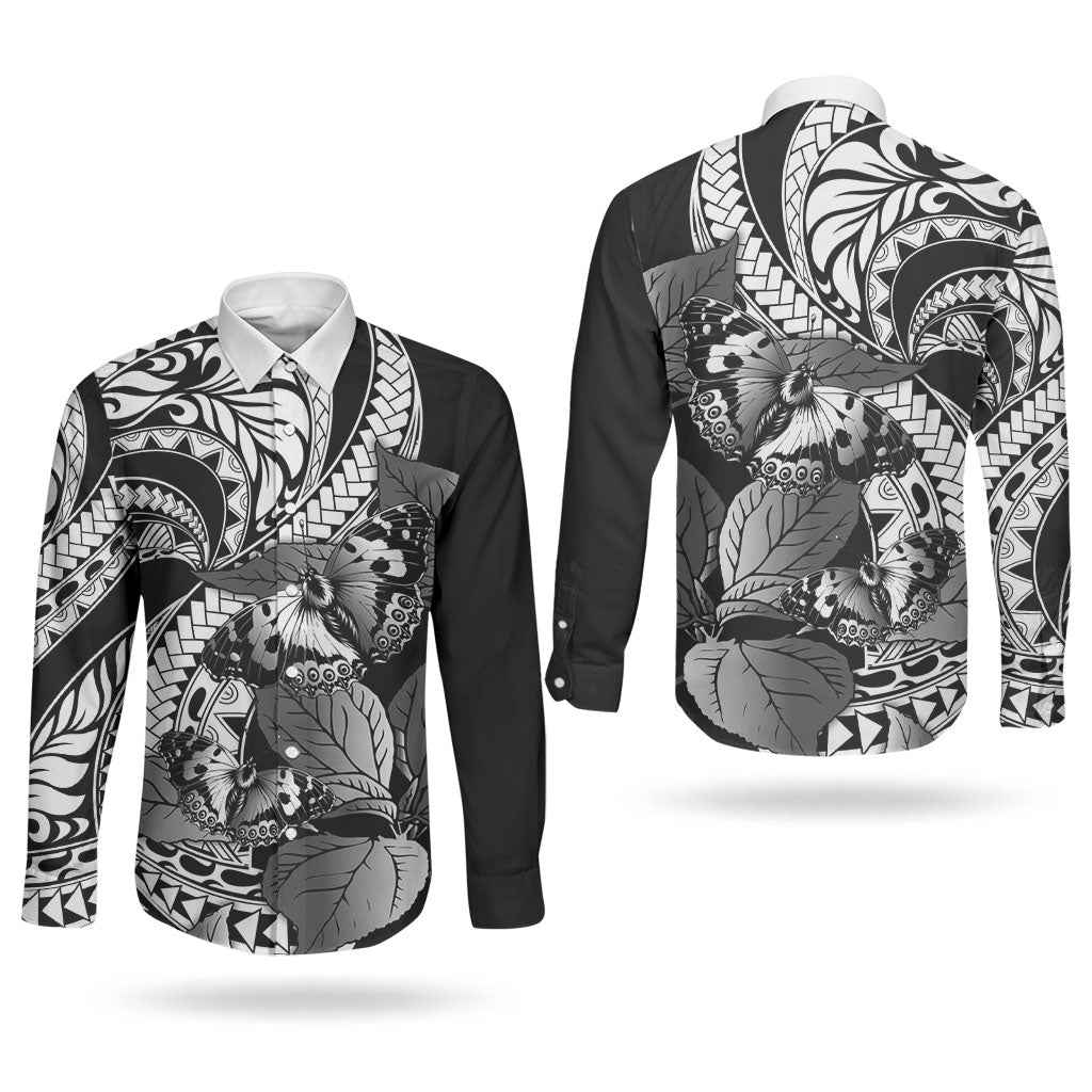 Kamehameha Butterfly Hawaii Couples Matching Puletasi and Long Sleeve Button Shirt Hawaiian Pulelehua Mamaki Black Color
