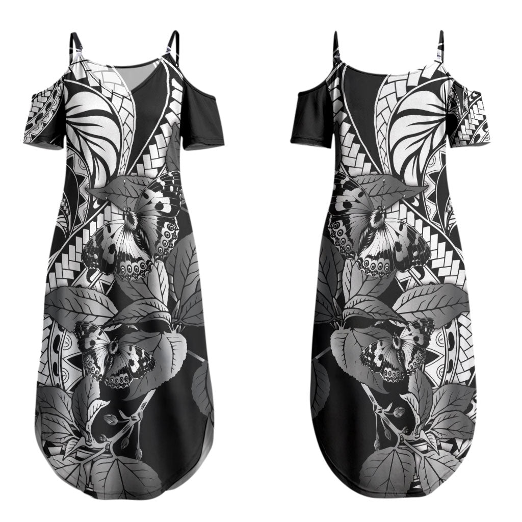 Kamehameha Butterfly Hawaii Couples Matching Summer Maxi Dress and Long Sleeve Button Shirt Hawaiian Pulelehua Mamaki Black Color