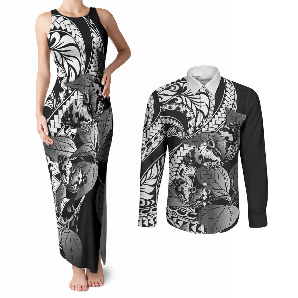 Kamehameha Butterfly Hawaii Couples Matching Tank Maxi Dress and Long Sleeve Button Shirt Hawaiian Pulelehua Mamaki Black Color