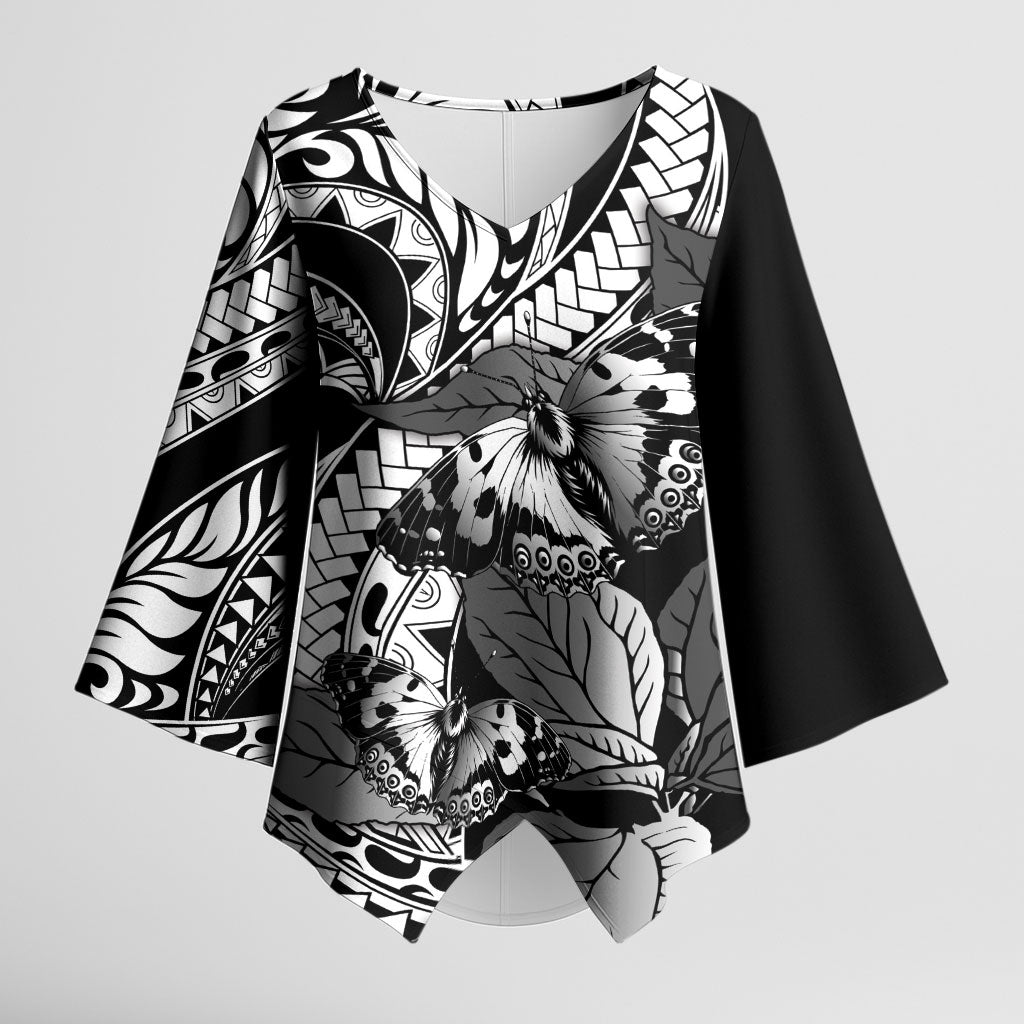 Kamehameha Butterfly Hawaii Kimono Sleeve Blouse Hawaiian Pulelehua Mamaki Black Color