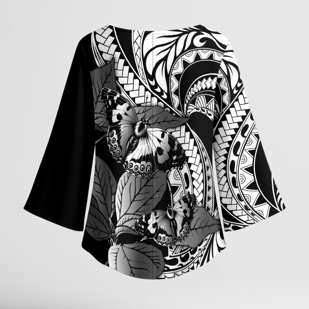 Kamehameha Butterfly Hawaii Kimono Sleeve Blouse Hawaiian Pulelehua Mamaki Black Color