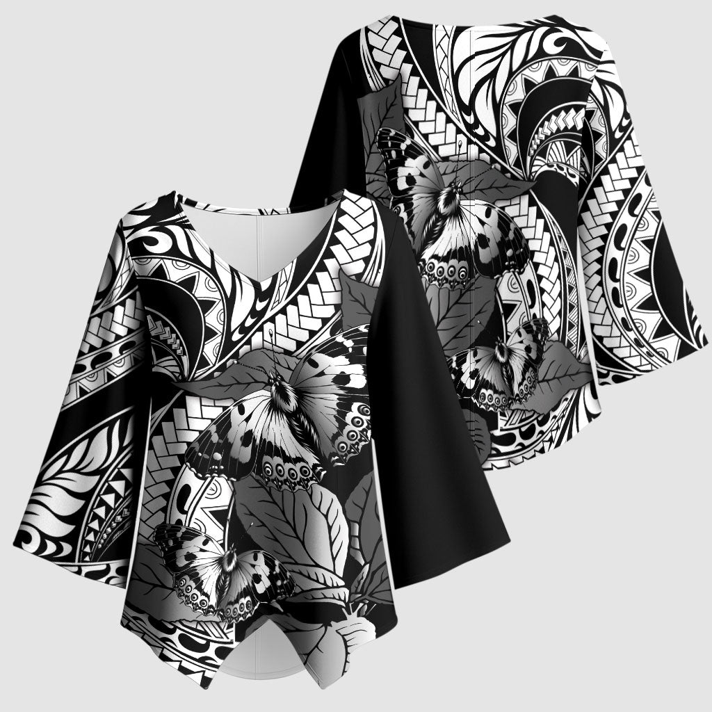 Kamehameha Butterfly Hawaii Kimono Sleeve Blouse Hawaiian Pulelehua Mamaki Black Color