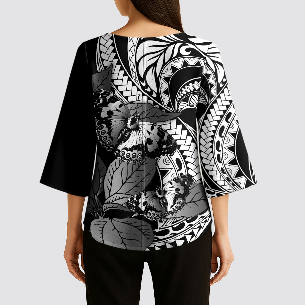 Kamehameha Butterfly Hawaii Kimono Sleeve Blouse Hawaiian Pulelehua Mamaki Black Color