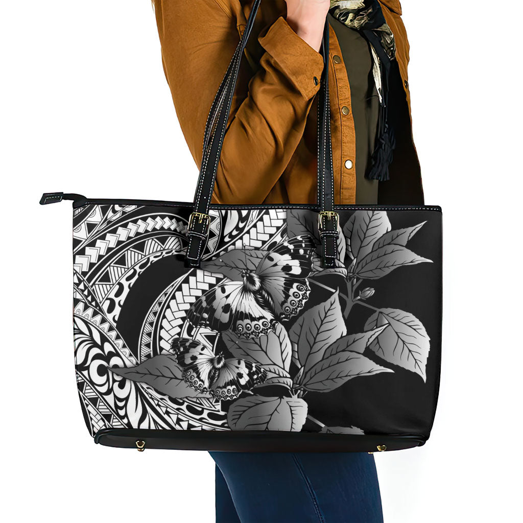 Kamehameha Butterfly Hawaii Leather Tote Bag Hawaiian Pulelehua Mamaki Black Color