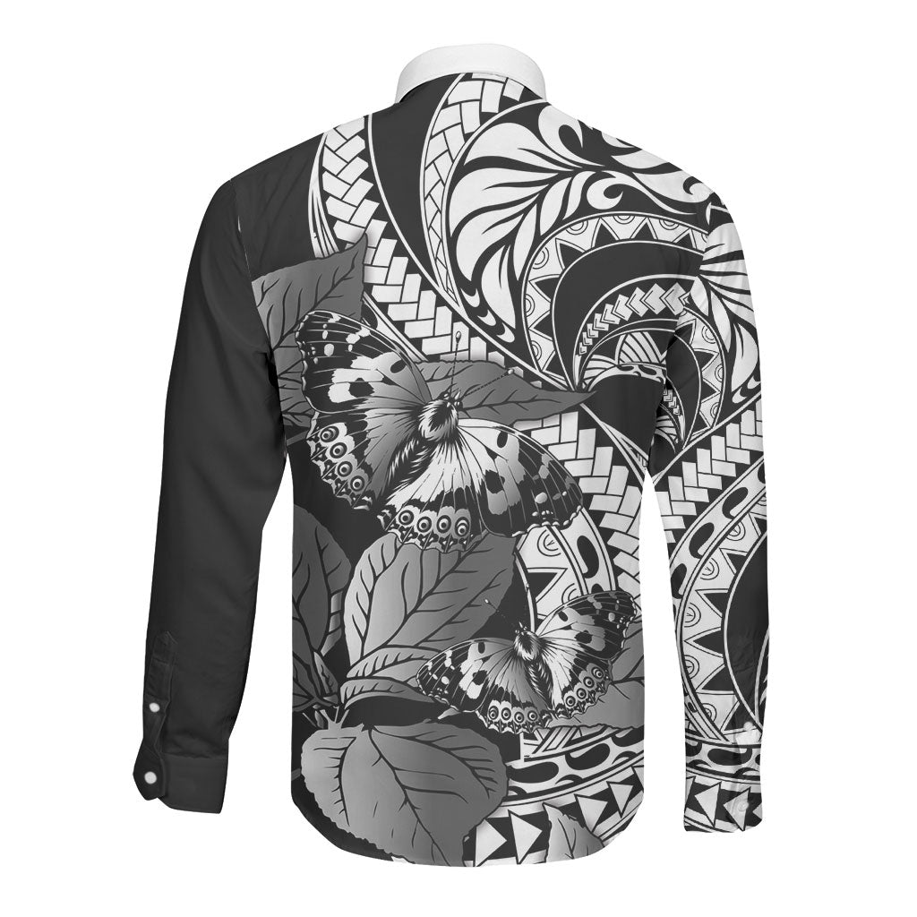 Kamehameha Butterfly Hawaii Long Sleeve Button Shirt Hawaiian Pulelehua Mamaki Black Color