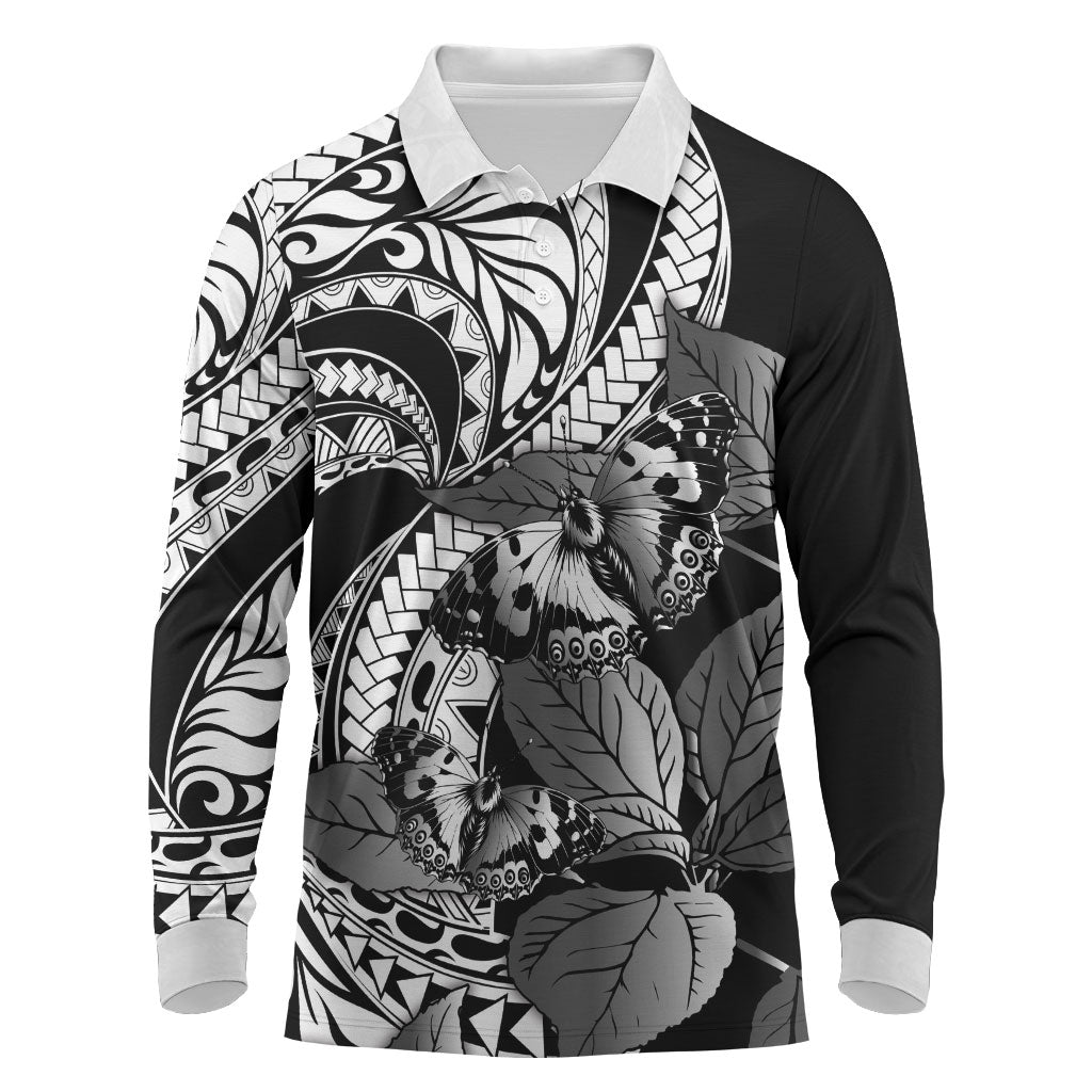 Kamehameha Butterfly Hawaii Long Sleeve Polo Shirt Hawaiian Pulelehua Mamaki Black Color LT14 Black - Polynesian Pride
