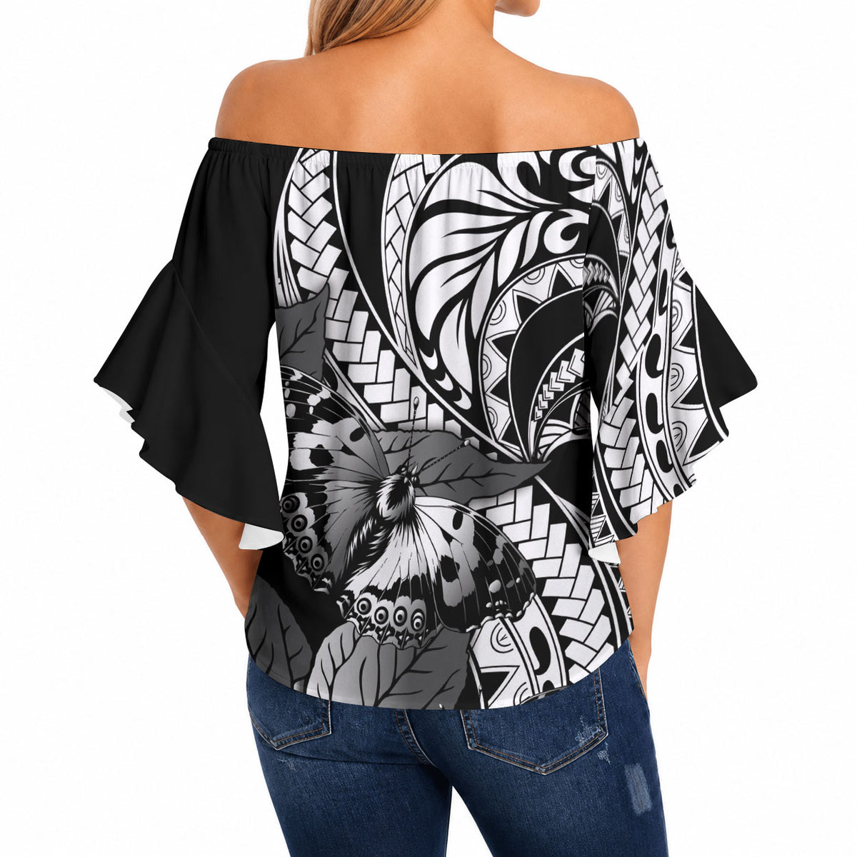 Kamehameha Butterfly Hawaii Off Shoulder Wrap Waist Top Hawaiian Pulelehua Mamaki Black Color
