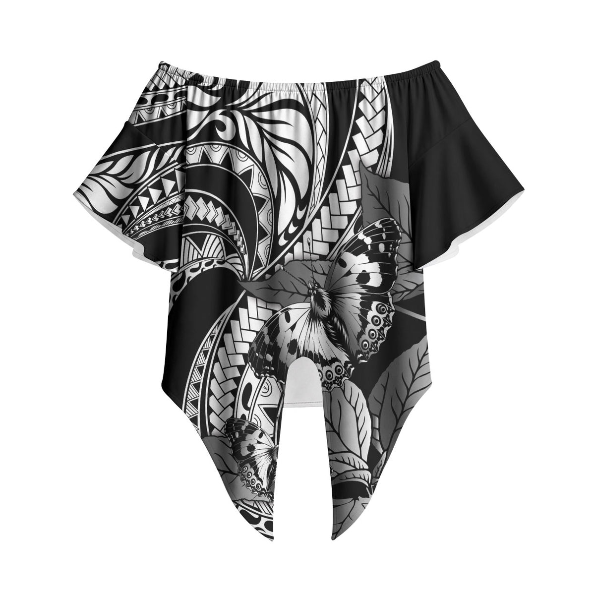 Kamehameha Butterfly Hawaii Off Shoulder Wrap Waist Top Hawaiian Pulelehua Mamaki Black Color