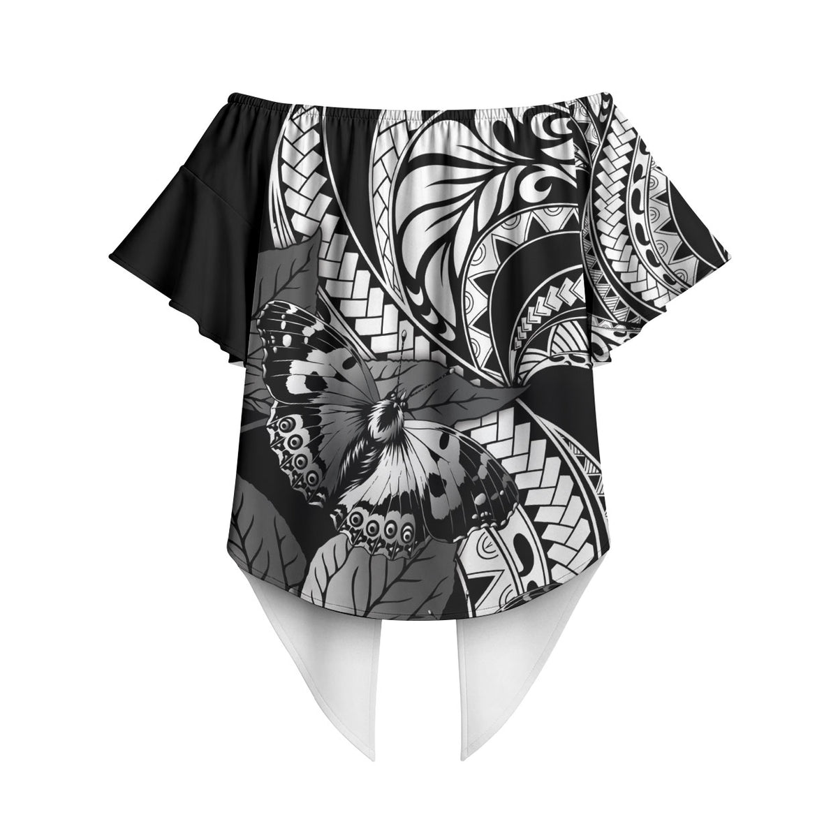 Kamehameha Butterfly Hawaii Off Shoulder Wrap Waist Top Hawaiian Pulelehua Mamaki Black Color