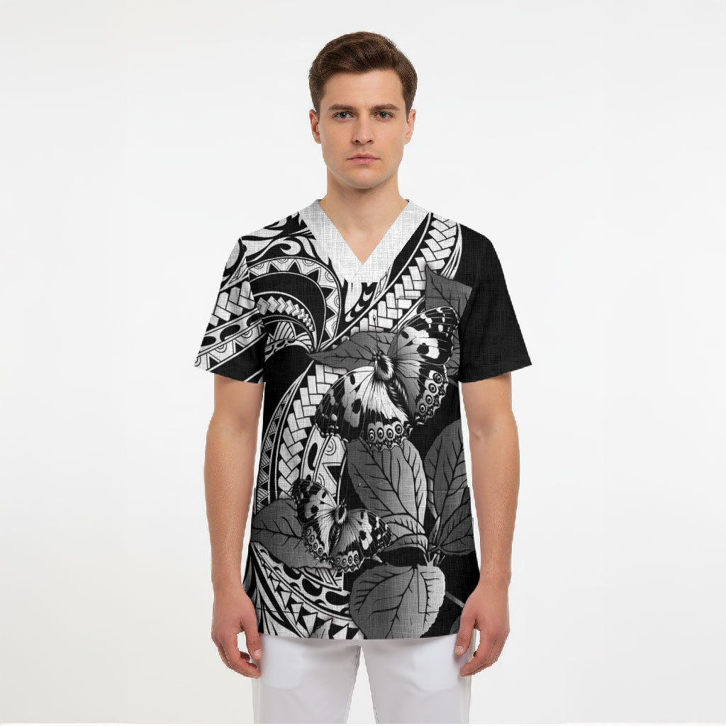 Kamehameha Butterfly Hawaii Scrub Top Hawaiian Pulelehua Mamaki Black Color