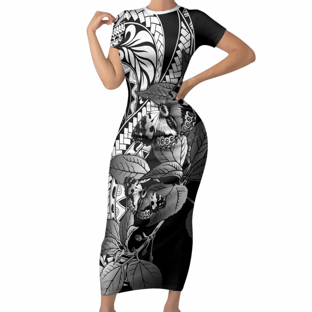 Kamehameha Butterfly Hawaii Short Sleeve Bodycon Dress Hawaiian Pulelehua Mamaki Black Color