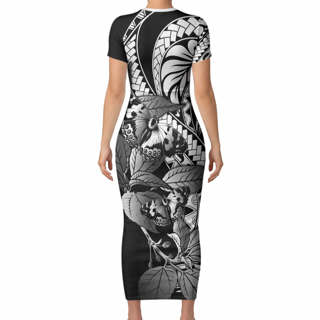 Kamehameha Butterfly Hawaii Short Sleeve Bodycon Dress Hawaiian Pulelehua Mamaki Black Color