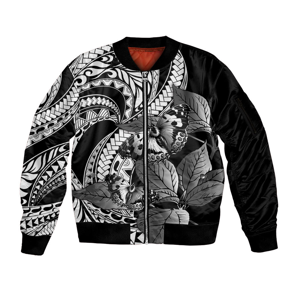 Kamehameha Butterfly Hawaii Sleeve Zip Bomber Jacket Hawaiian Pulelehua Mamaki Black Color