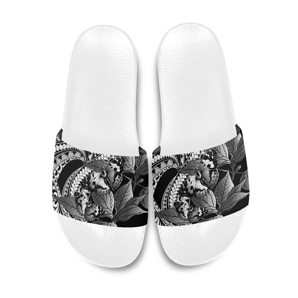 Kamehameha Butterfly Hawaii Slide Sandals Hawaiian Pulelehua Mamaki Black Color