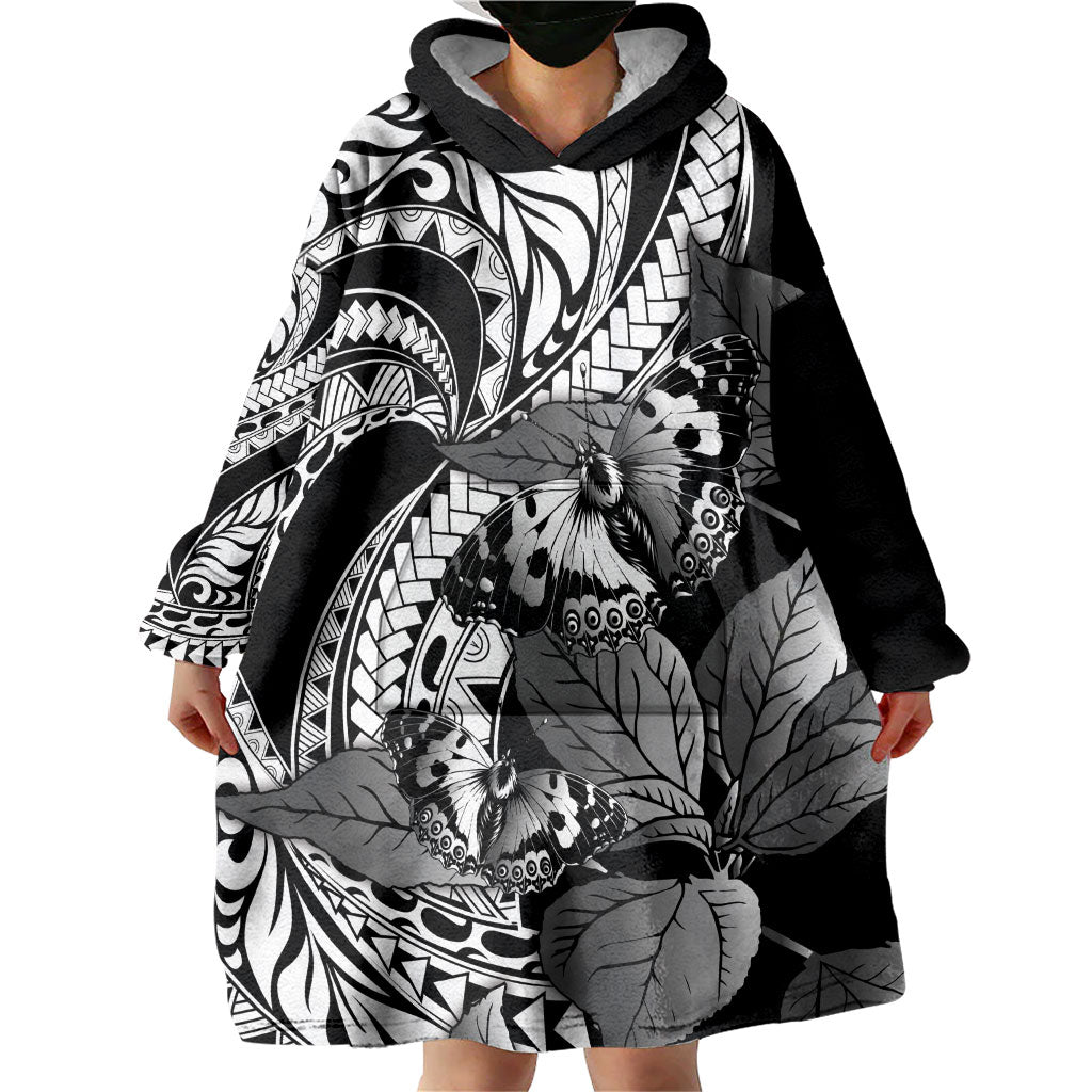 Kamehameha Butterfly Hawaii Wearable Blanket Hoodie Hawaiian Pulelehua Mamaki Black Color
