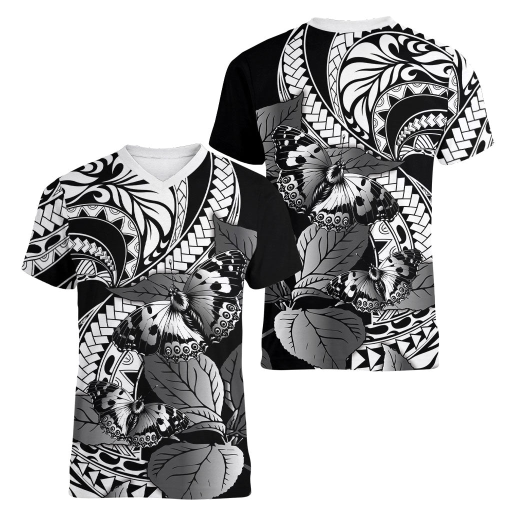 Kamehameha Butterfly Hawaii Women V-Neck T-Shirt Hawaiian Pulelehua Mamaki Black Color