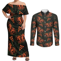 Kamehameha Butterfly Mamaki Hawaii Couples Matching Off Shoulder Maxi Dress and Long Sleeve Button Shirt Pulelehua Hawaiian Kakau Seamless Style