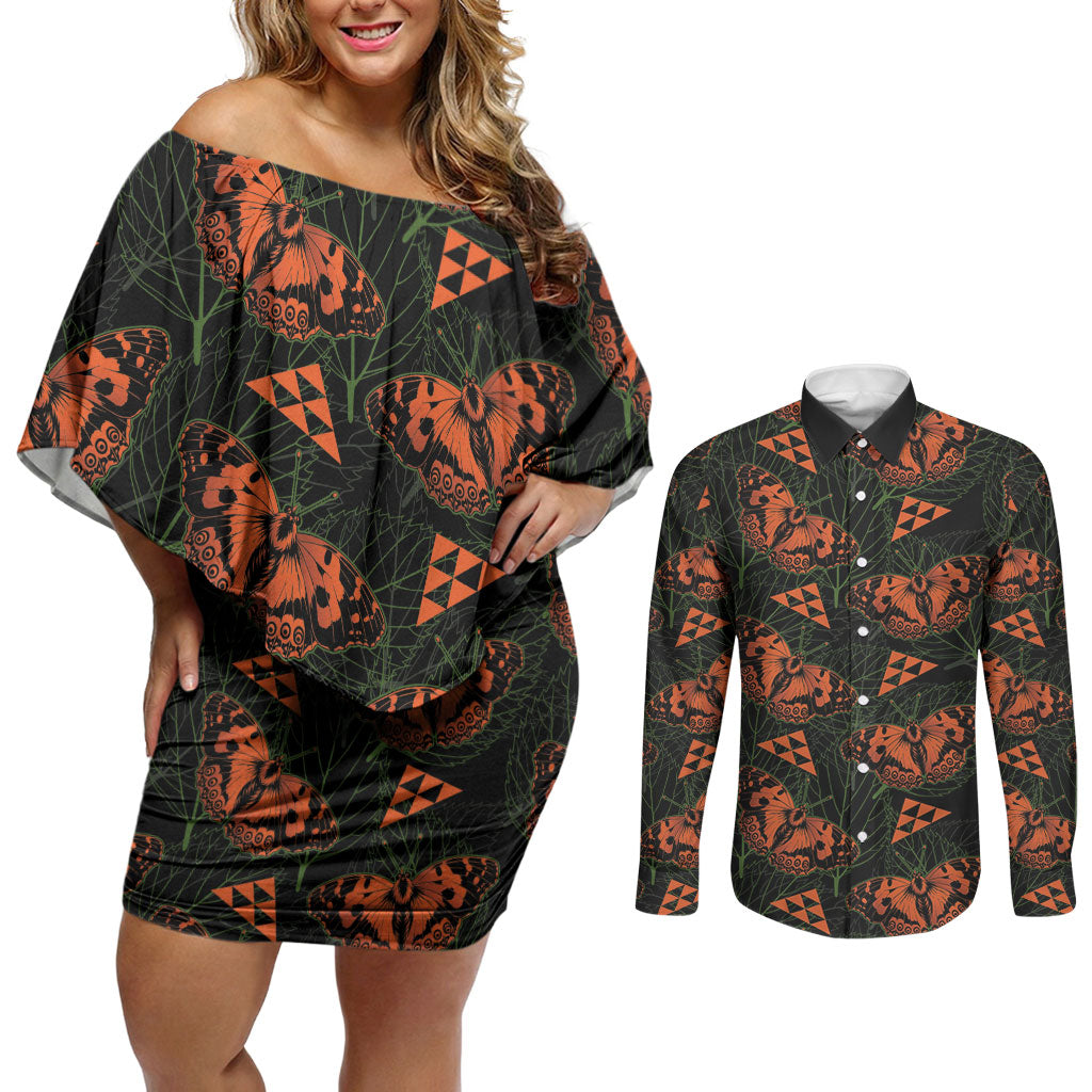 Kamehameha Butterfly Mamaki Hawaii Couples Matching Off Shoulder Short Dress and Long Sleeve Button Shirt Pulelehua Hawaiian Kakau Seamless Style