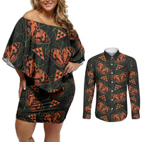 Kamehameha Butterfly Mamaki Hawaii Couples Matching Off Shoulder Short Dress and Long Sleeve Button Shirt Pulelehua Hawaiian Kakau Seamless Style