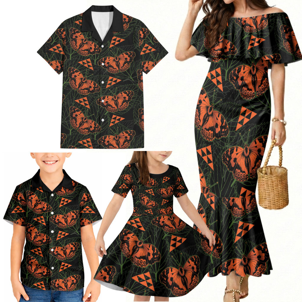 Kamehameha Butterfly Mamaki Hawaii Family Matching Mermaid Dress and Hawaiian Shirt Pulelehua Hawaiian Kakau Seamless Style