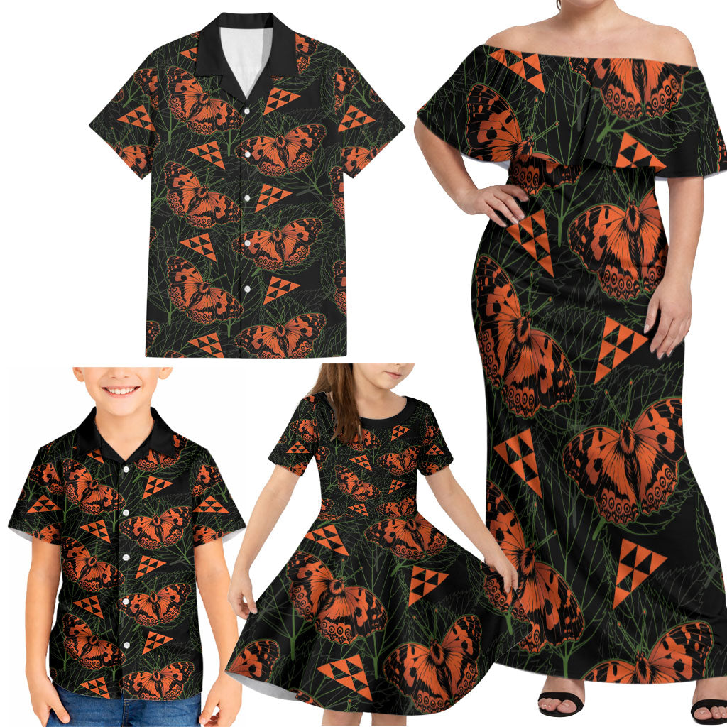 Kamehameha Butterfly Mamaki Hawaii Family Matching Off Shoulder Maxi Dress and Hawaiian Shirt Pulelehua Hawaiian Kakau Seamless Style