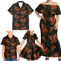Kamehameha Butterfly Mamaki Hawaii Family Matching Off Shoulder Maxi Dress and Hawaiian Shirt Pulelehua Hawaiian Kakau Seamless Style