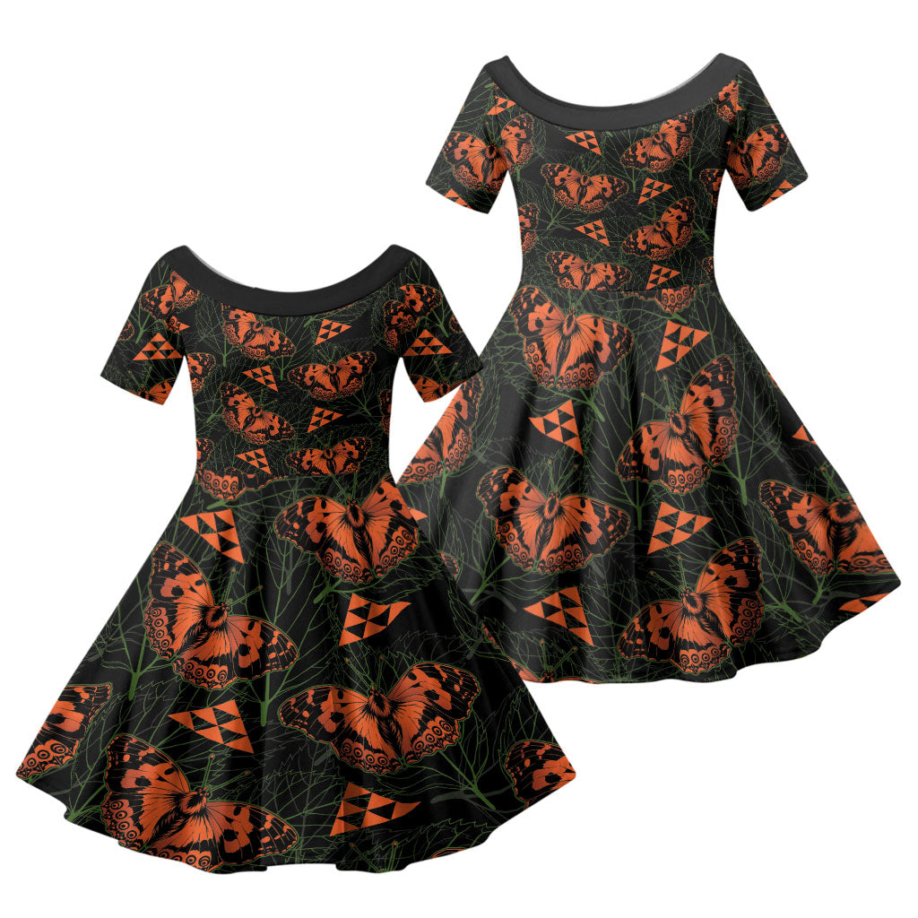 Kamehameha Butterfly Mamaki Hawaii Family Matching Short Sleeve Bodycon Dress and Hawaiian Shirt Pulelehua Hawaiian Kakau Seamless Style