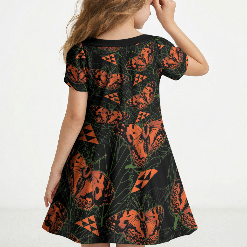 Kamehameha Butterfly Mamaki Hawaii Kid Short Sleeve Dress Pulelehua Hawaiian Kakau Seamless Style