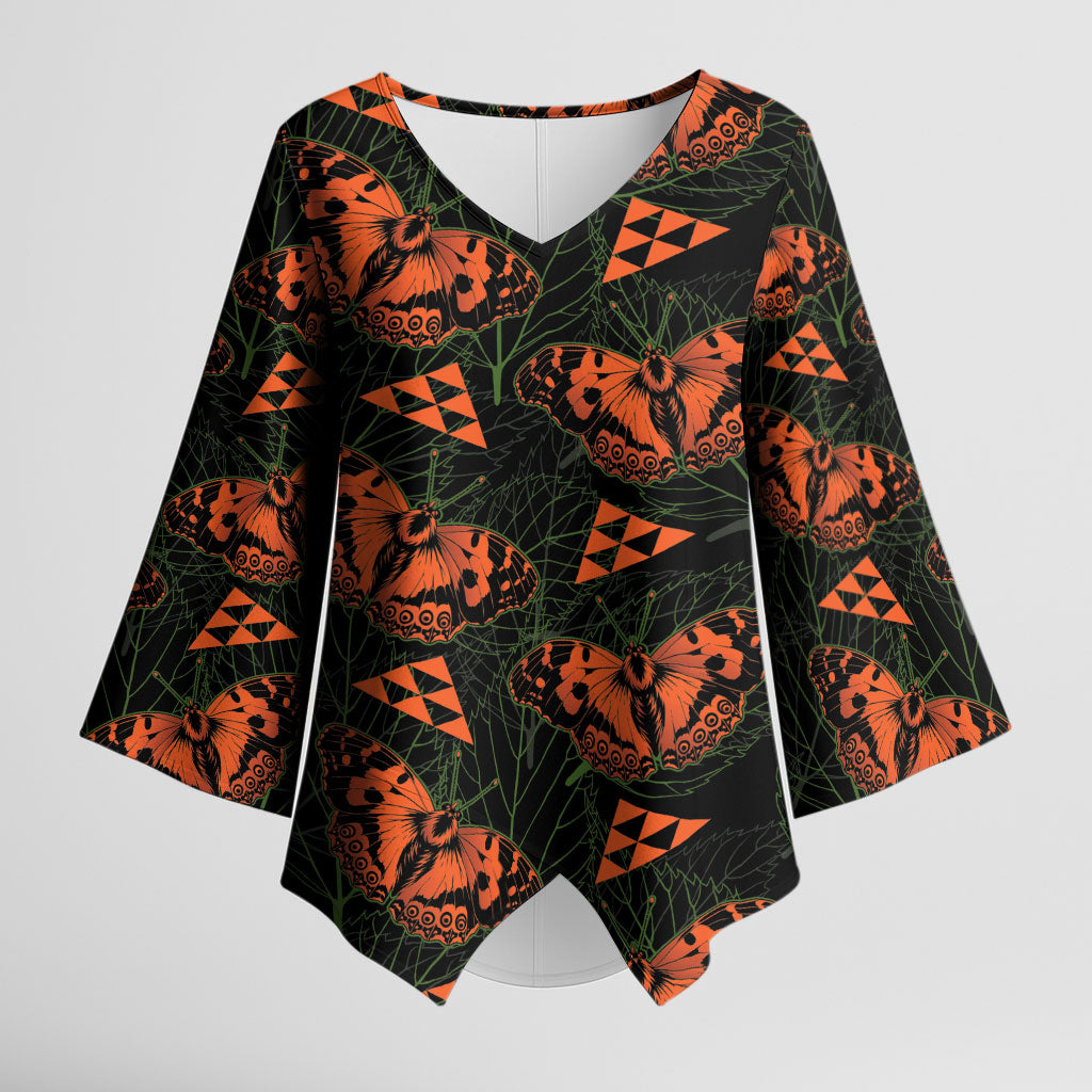 Kamehameha Butterfly Mamaki Hawaii Kimono Sleeve Blouse Pulelehua Hawaiian Kakau Seamless Style