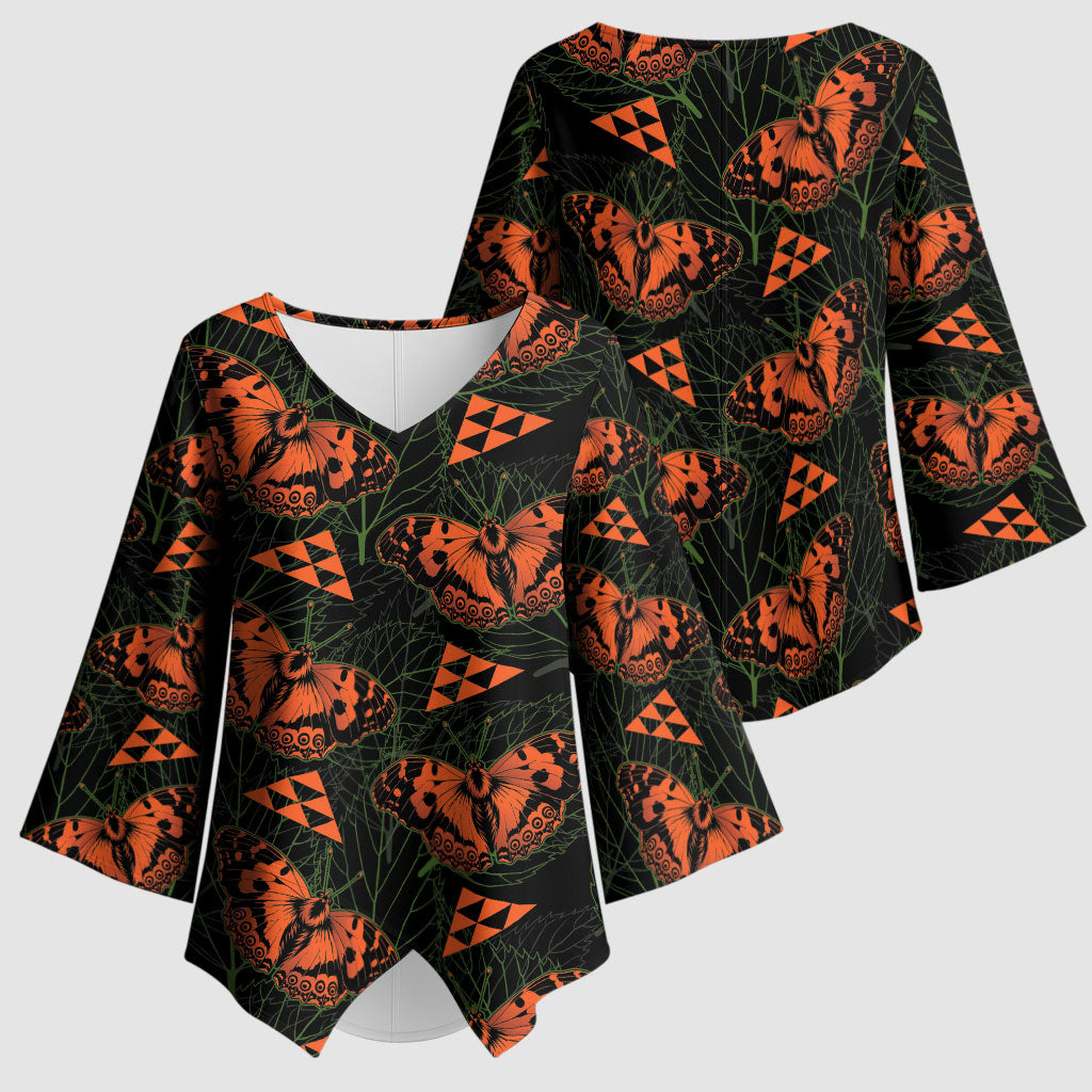 Kamehameha Butterfly Mamaki Hawaii Kimono Sleeve Blouse Pulelehua Hawaiian Kakau Seamless Style