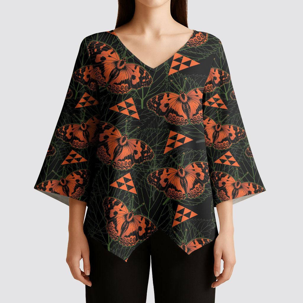 Kamehameha Butterfly Mamaki Hawaii Kimono Sleeve Blouse Pulelehua Hawaiian Kakau Seamless Style