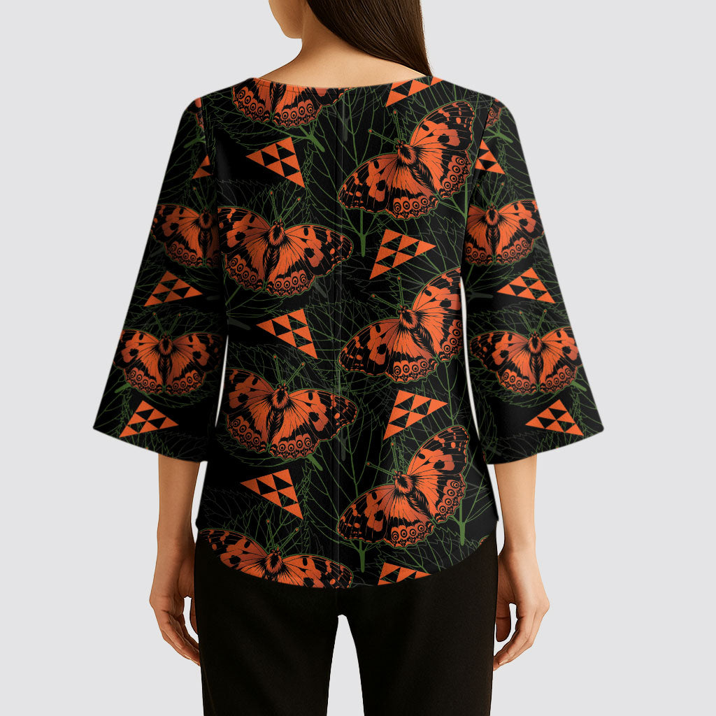 Kamehameha Butterfly Mamaki Hawaii Kimono Sleeve Blouse Pulelehua Hawaiian Kakau Seamless Style